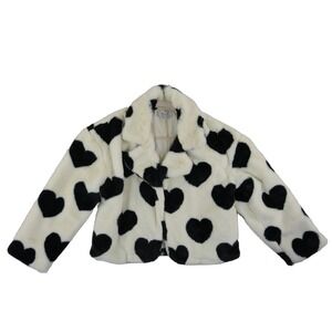 Stoosh Fuzzy Black Cream Heart Jacket Women's Size Medium Cropped Retro Coat